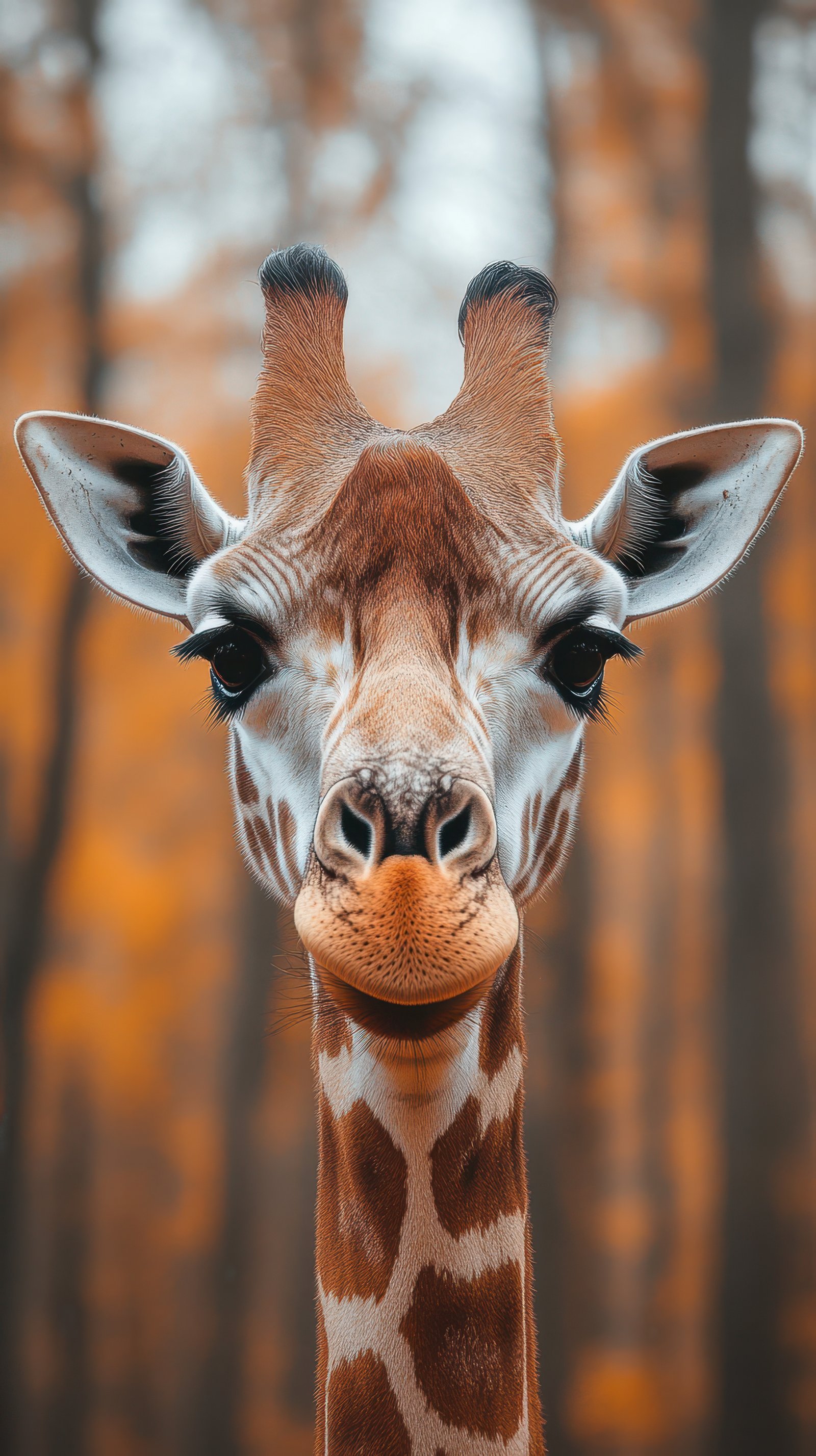 Giraffe gazes curiously in a serene forest during autumn, blending beautifully with the warm colors of nature